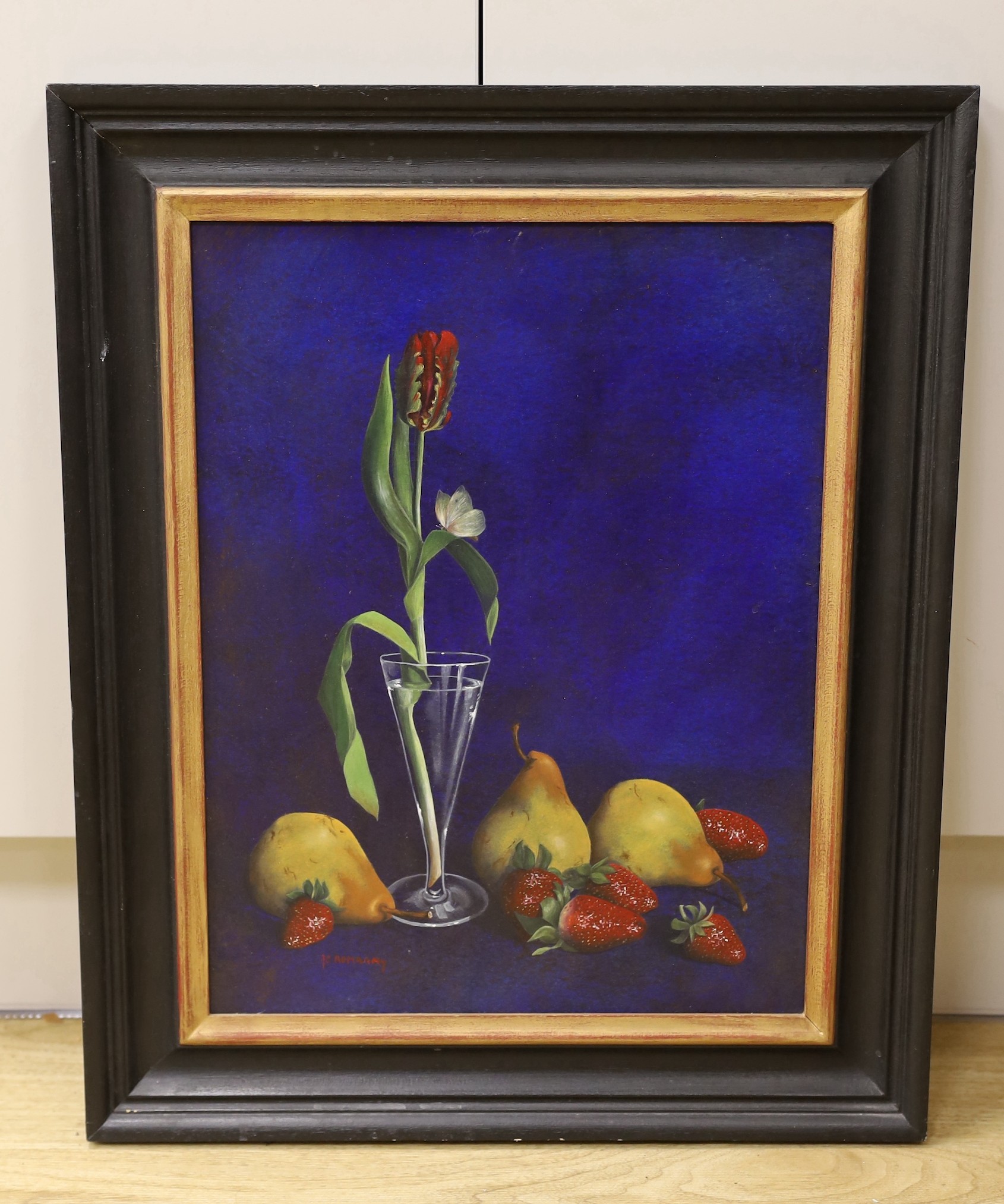 Marie Claire Romagny (French, 20th C.), oil on board, 'The Butterfly', signed, Chelsea Arts Society label verso, 44 x 34cm